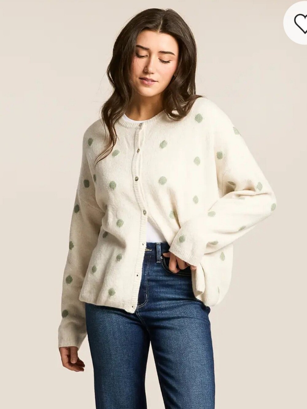 Le Lis Cream Cardigan with Sage Polka Dots